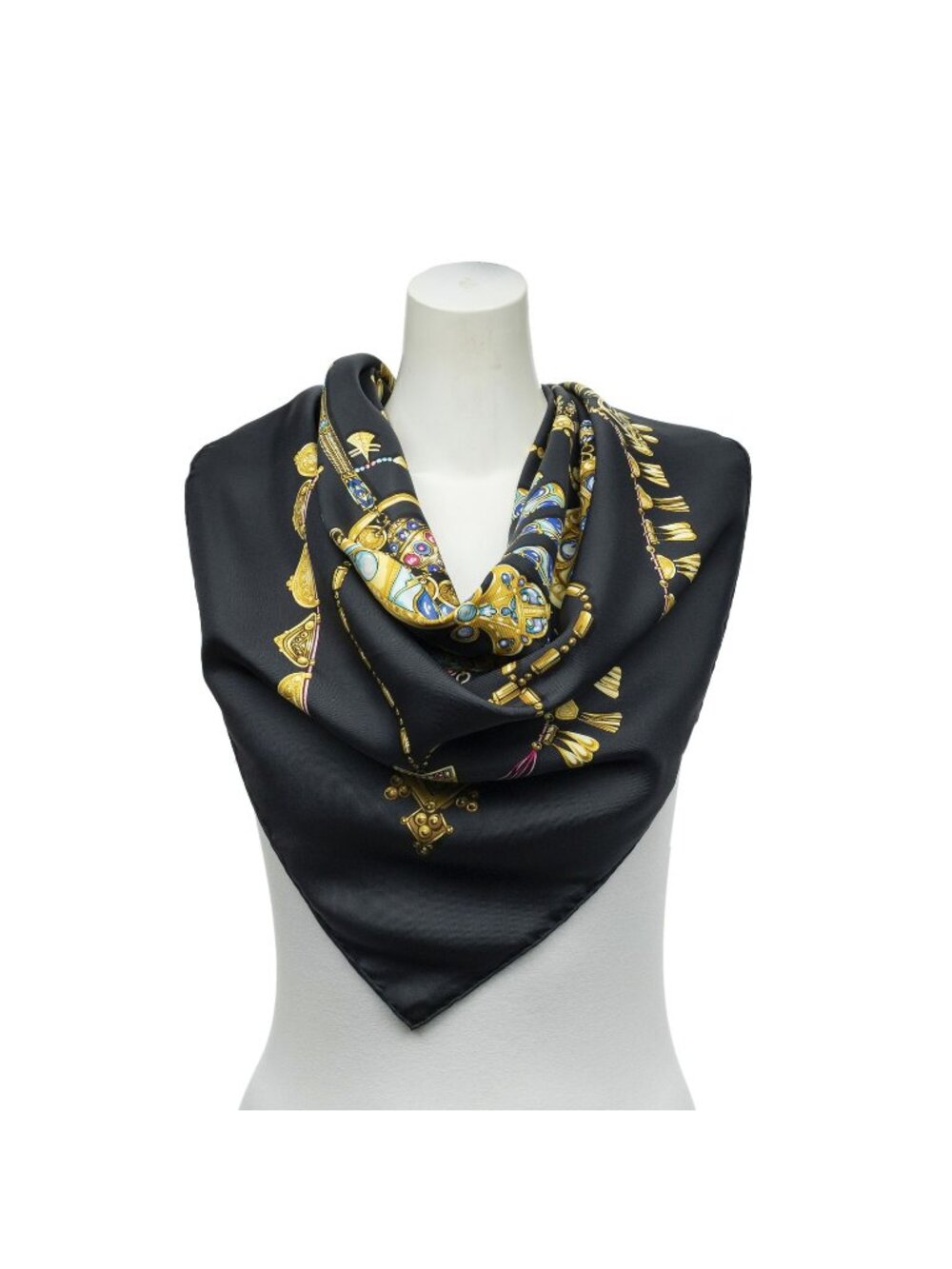 Hermes Scarf Black Yellow Blue Twill Silk